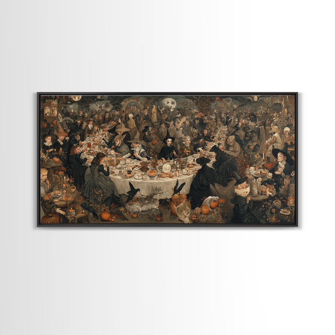 The Witches' Tea Party, Northern Renaissance Horror, Wide Panoramic Art, Gothic Horror Wall Art, Framed Canvas Print