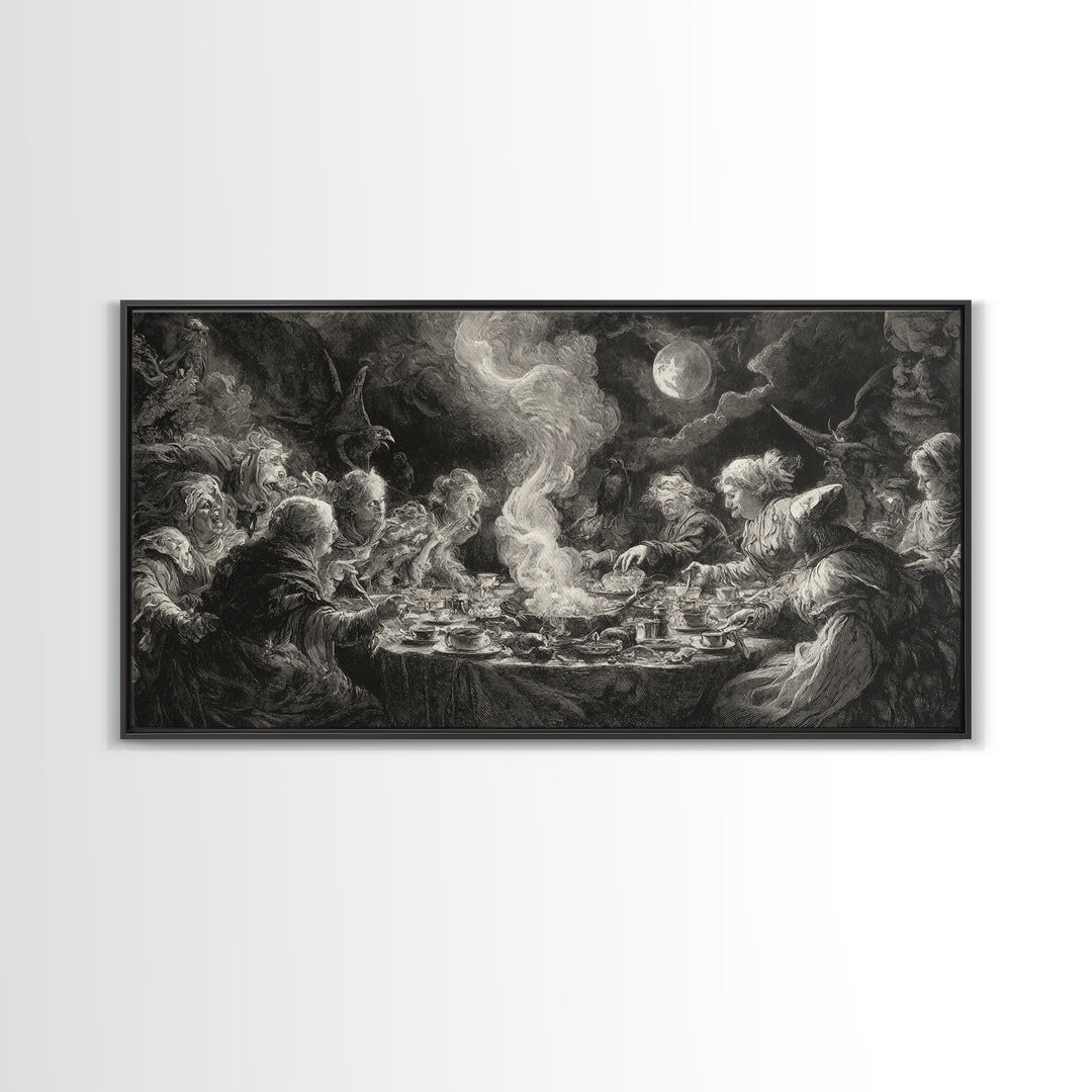 The Witches' Tea Party, Baroque Witchcraft Art, Wide Panoramic Art, Dark Halloween Decor, Canvas Print, Halloween Wall Art