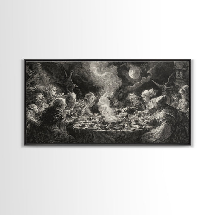 The Witches' Tea Party, Baroque Witchcraft Art, Wide Panoramic Art, Dark Halloween Decor, Canvas Print, Halloween Wall Art