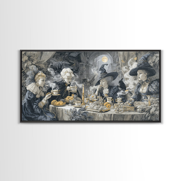 The Witches' Tea Party, Architectural Etching Art, Wide Panoramic Art, Dark Halloween Decor, Canvas Print, Halloween Wall Art