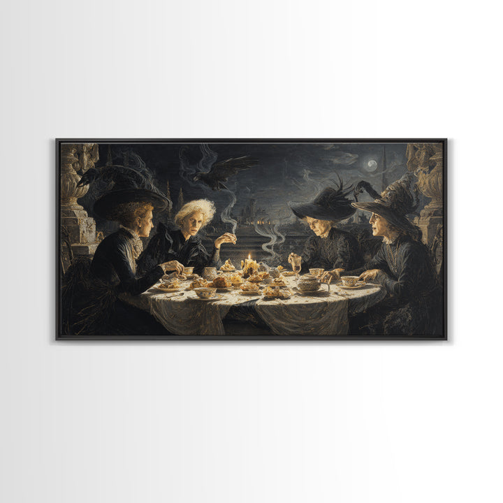 The Witches' Tea Party, Romantic Gothic Landscape, Wide Panoramic Art, Dark Fantasy Wall Art, Framed Canvas Print