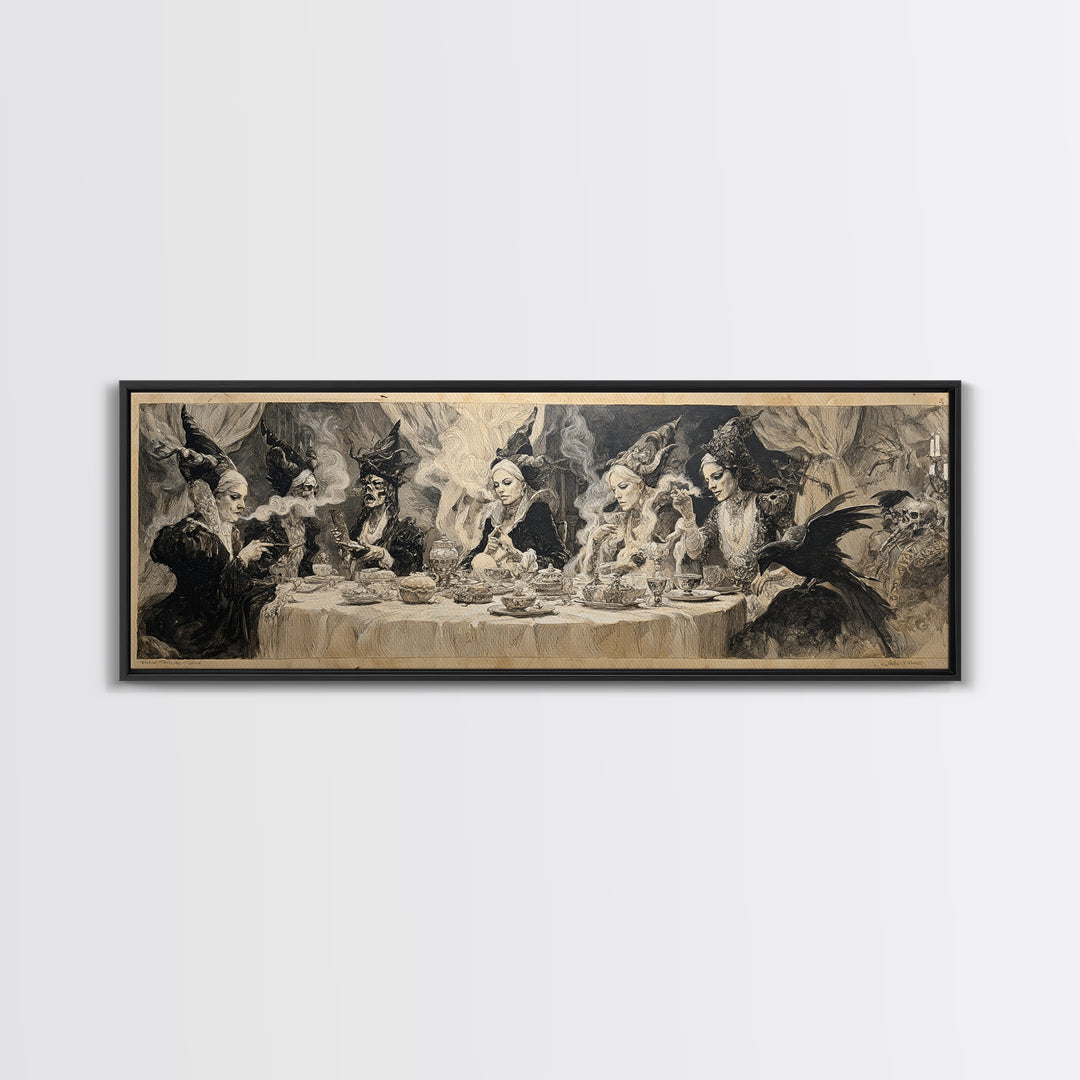 The Witches' Tea Party, Decadent Gothic Art, Extra Wide Wall Art, Dark Fantasy Wall Art, Framed Canvas Print, Halloween Wall Art
