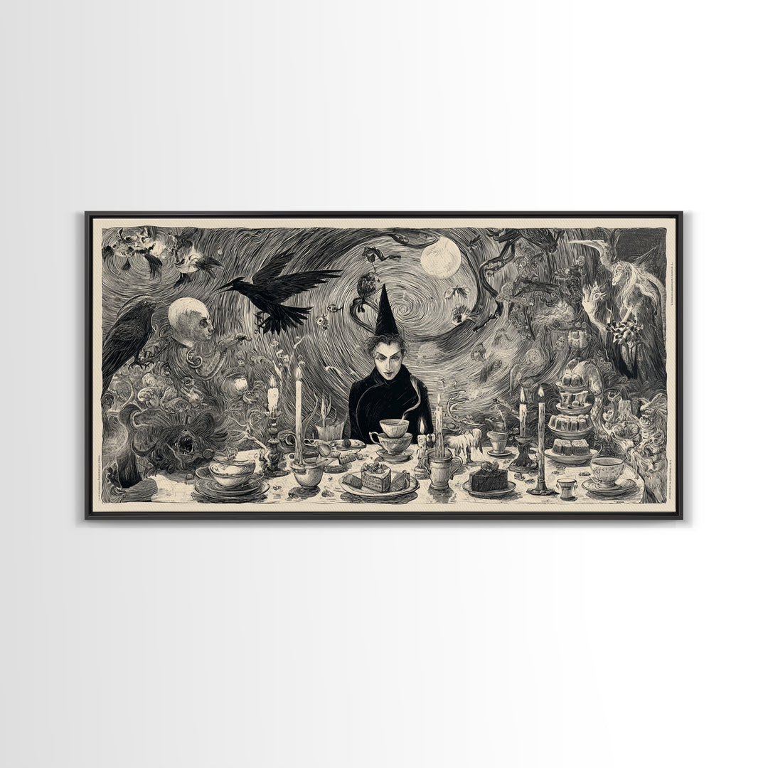 The Witches' Tea Party, Expressionist Nightmare Art, Wide Panoramic Art, Dark Fantasy Wall Art, Canvas Print, Halloween Wall Art