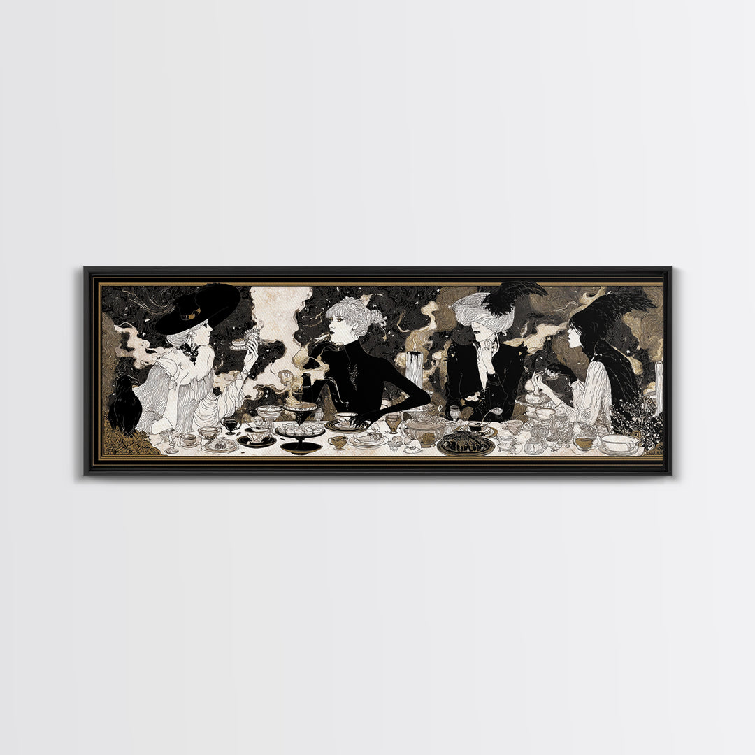 The Witches' Tea Party, Decadent Line Art, Extra Wide Wall Art, Dark Fantasy Wall Art, Framed Canvas Print, Halloween Wall Art