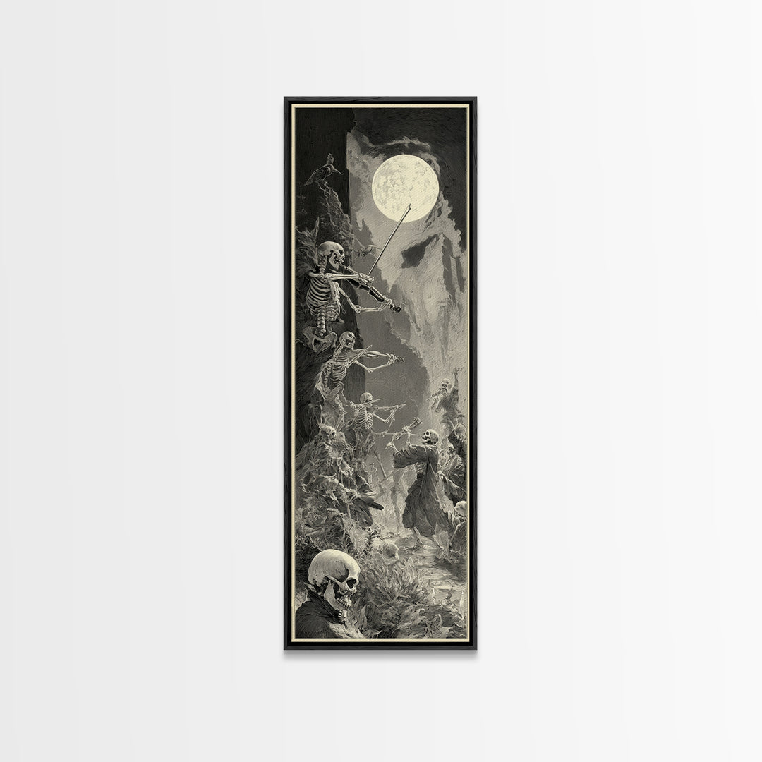 The Skeleton Orchestra, Gothic Engraving Art, Tall Narrow Wall Art, Dark Halloween Decor, Canvas Print, Halloween Wall Art