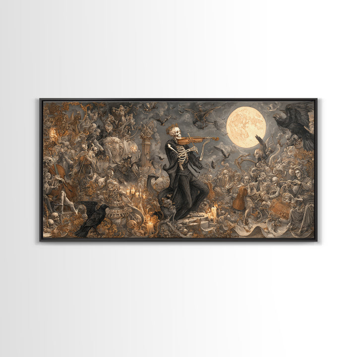 The Skeleton Orchestra, Medieval Grotesque Art, Wide Panoramic Art, Macabre Wall Art, Canvas Print, Halloween Wall Art