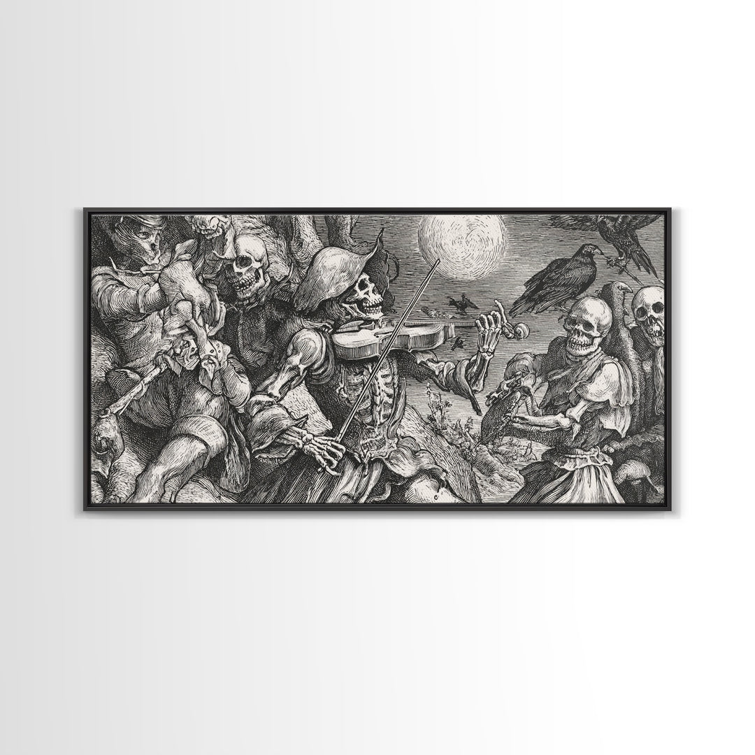 The Skeleton Orchestra, Renaissance Engraving Art, Wide Panoramic Art, Macabre Wall Art, Framed Canvas Print, Halloween Wall Art