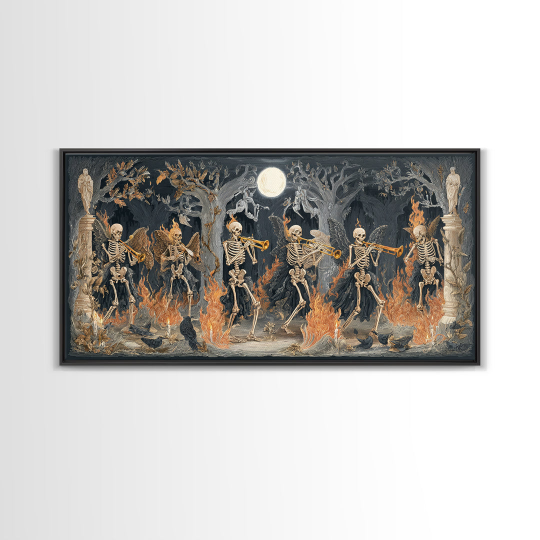 The Skeleton Orchestra, Visionary Gothic Art, Wide Panoramic Art, Dark Halloween Decor, Framed Canvas Print, Halloween Wall Art