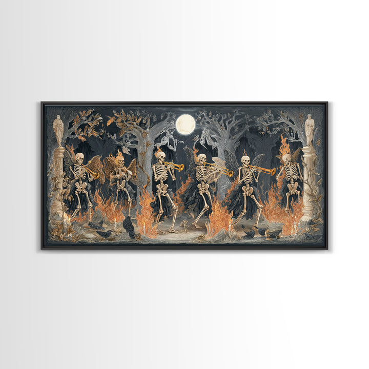 The Skeleton Orchestra, Visionary Gothic Art, Wide Panoramic Art, Dark Halloween Decor, Framed Canvas Print, Halloween Wall Art
