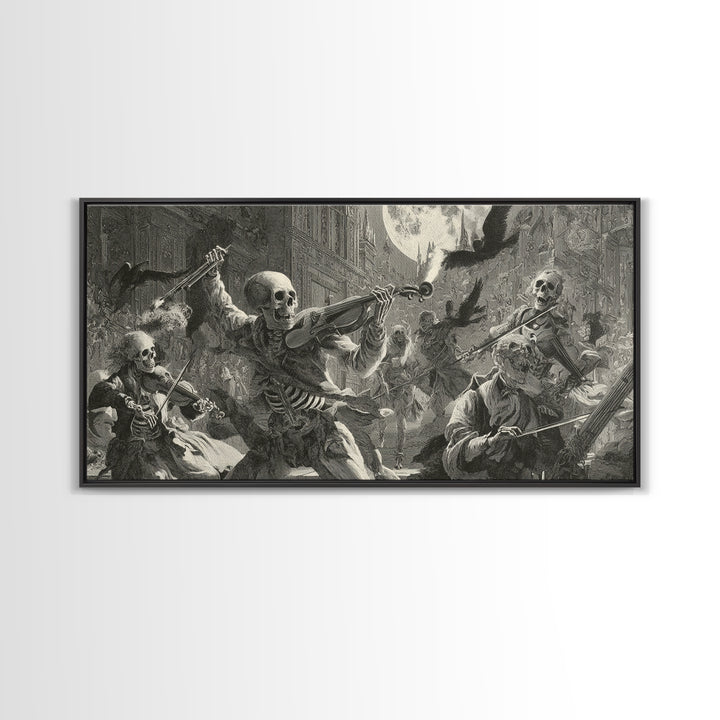 The Skeleton Orchestra, Architectural Etching Art, Wide Panoramic Art, Dark Halloween Decor, Framed Canvas Print