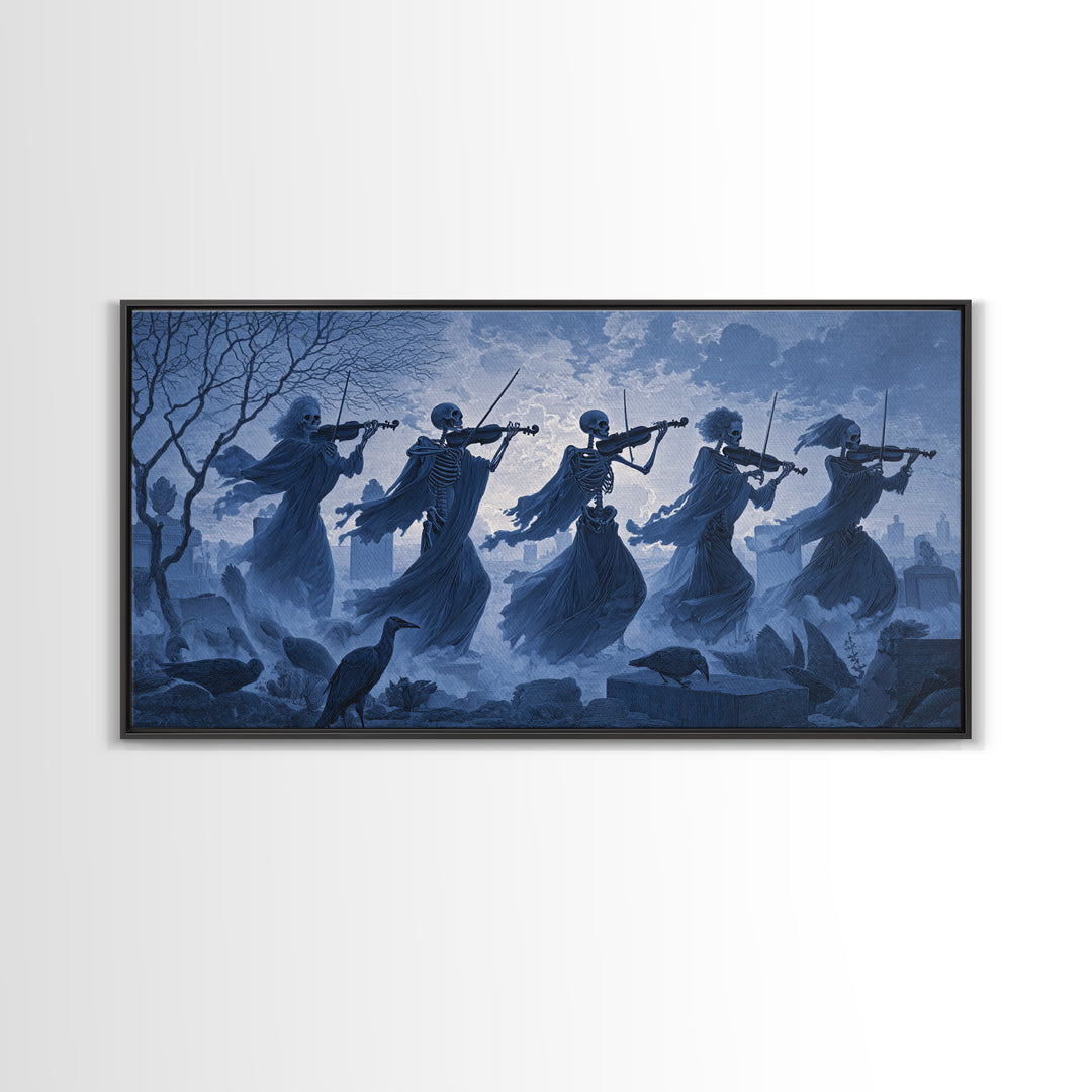 The Skeleton Orchestra, Romantic Gothic Landscape, Wide Panoramic Art, Dark Halloween Decor, Canvas Print, Halloween Wall Art