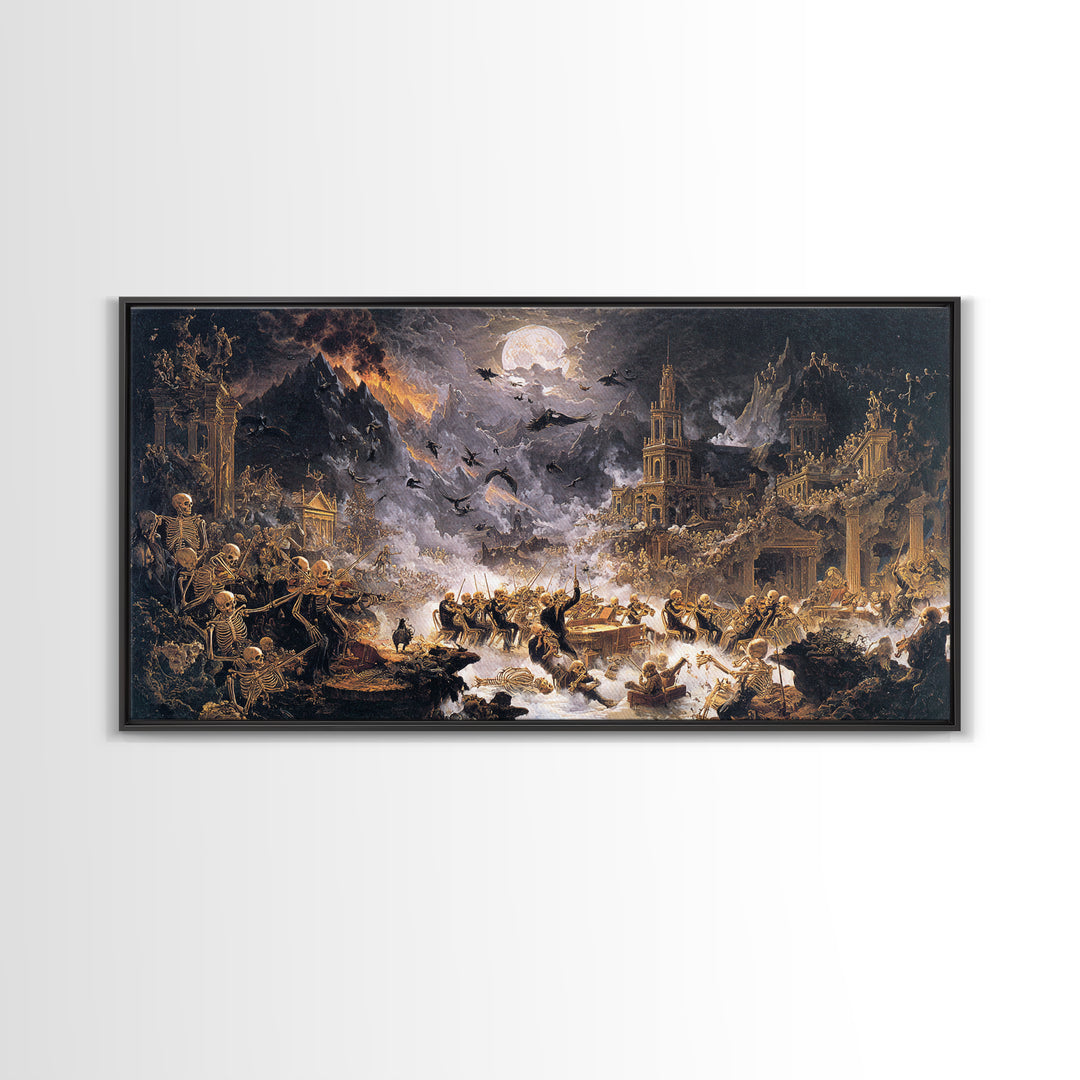 The Skeleton Orchestra, Apocalyptic Romantic Art, Wide Panoramic Art, Gothic Horror Wall Art, Framed Canvas Print, Halloween Wall Art