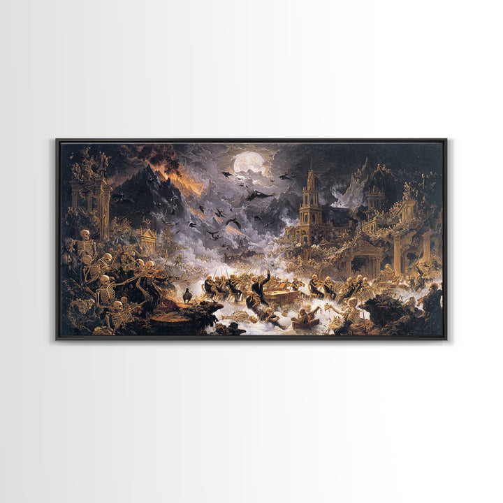 The Skeleton Orchestra, Apocalyptic Romantic Art, Wide Panoramic Art, Gothic Horror Wall Art, Framed Canvas Print, Halloween Wall Art