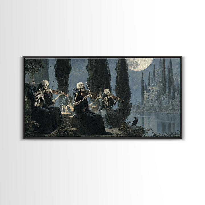 The Skeleton Orchestra, Symbolist Gothic Landscape, Wide Panoramic Art, Dark Halloween Decor, Canvas Print, Halloween Wall Art