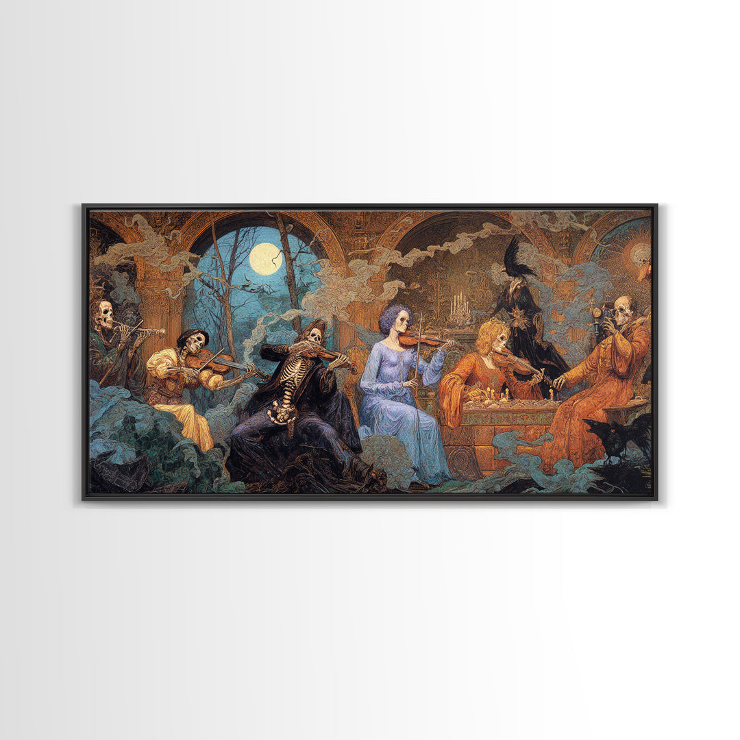 The Skeleton Orchestra, Ornate Symbolist Art, Wide Panoramic Art, Dark Fantasy Wall Art, Canvas Print, Halloween Wall Art