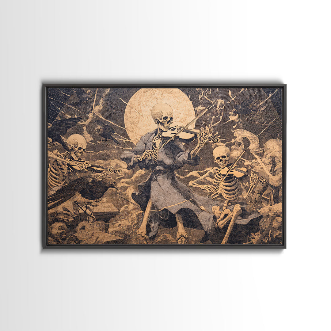 The Skeleton Orchestra, Symbolist Etching Art, Landscape Wall Art, Macabre Wall Art, Framed Canvas Print, Halloween Wall Art