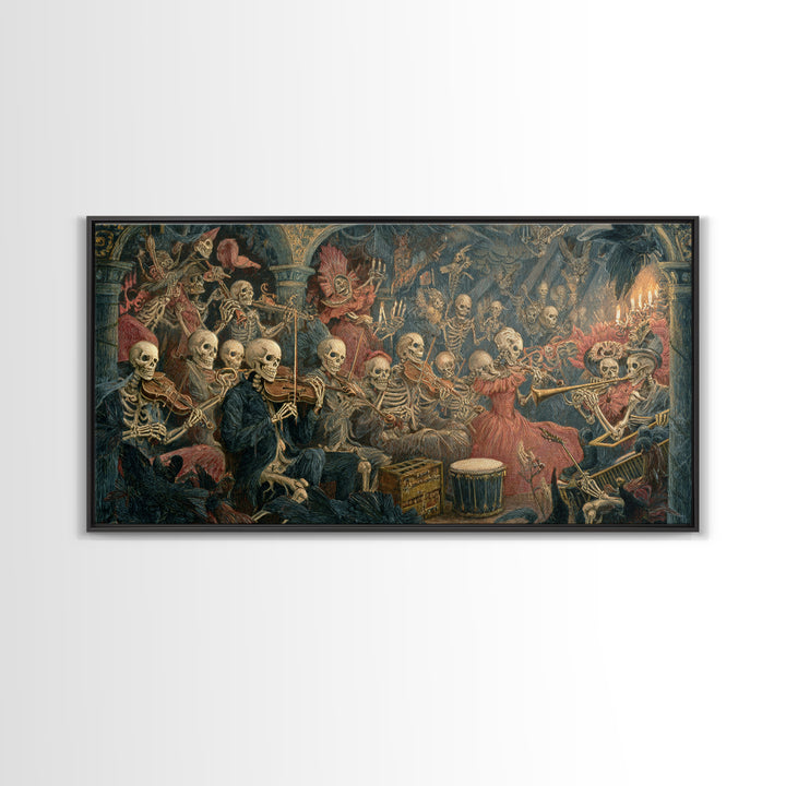 The Skeleton Orchestra, Grotesque Carnival Art, Wide Panoramic Art, Dark Fantasy Wall Art, Canvas Print, Halloween Wall Art