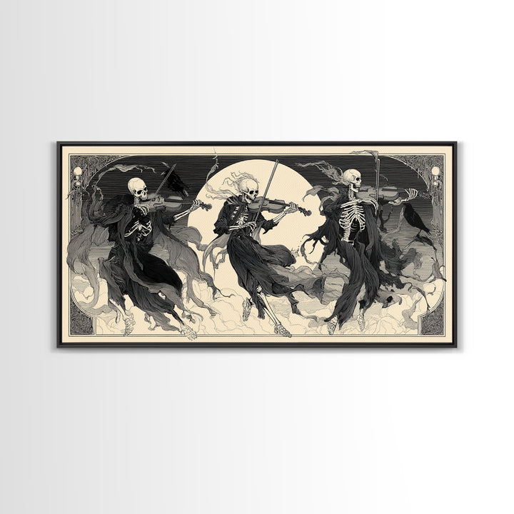 The Skeleton Orchestra, Decadent Line Art, Wide Panoramic Art, Gothic Horror Wall Art, Framed Canvas Print, Halloween Wall Art