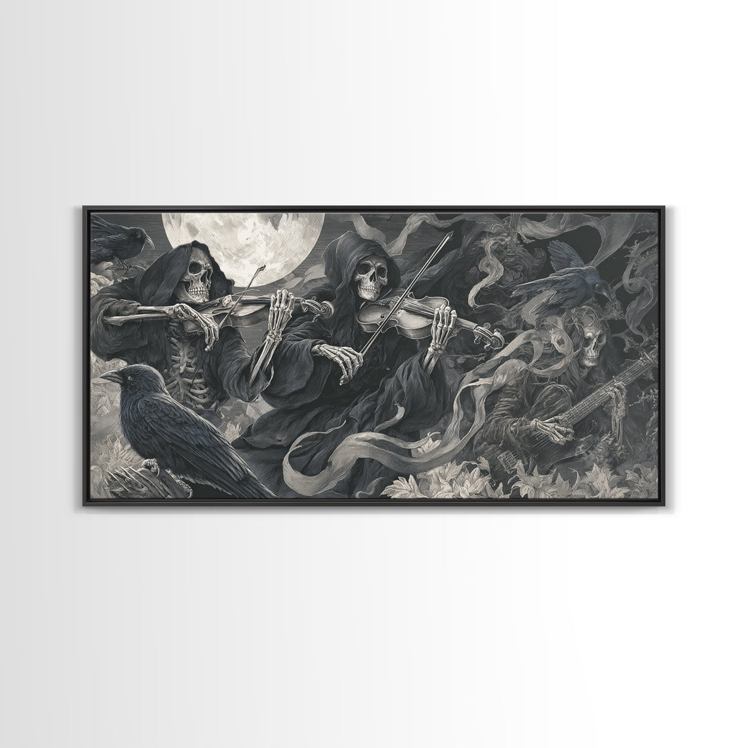 The Skeleton Orchestra, Biomechanical Horror Art, Wide Panoramic Art, Macabre Wall Art, Framed Canvas Print, Halloween Wall Art