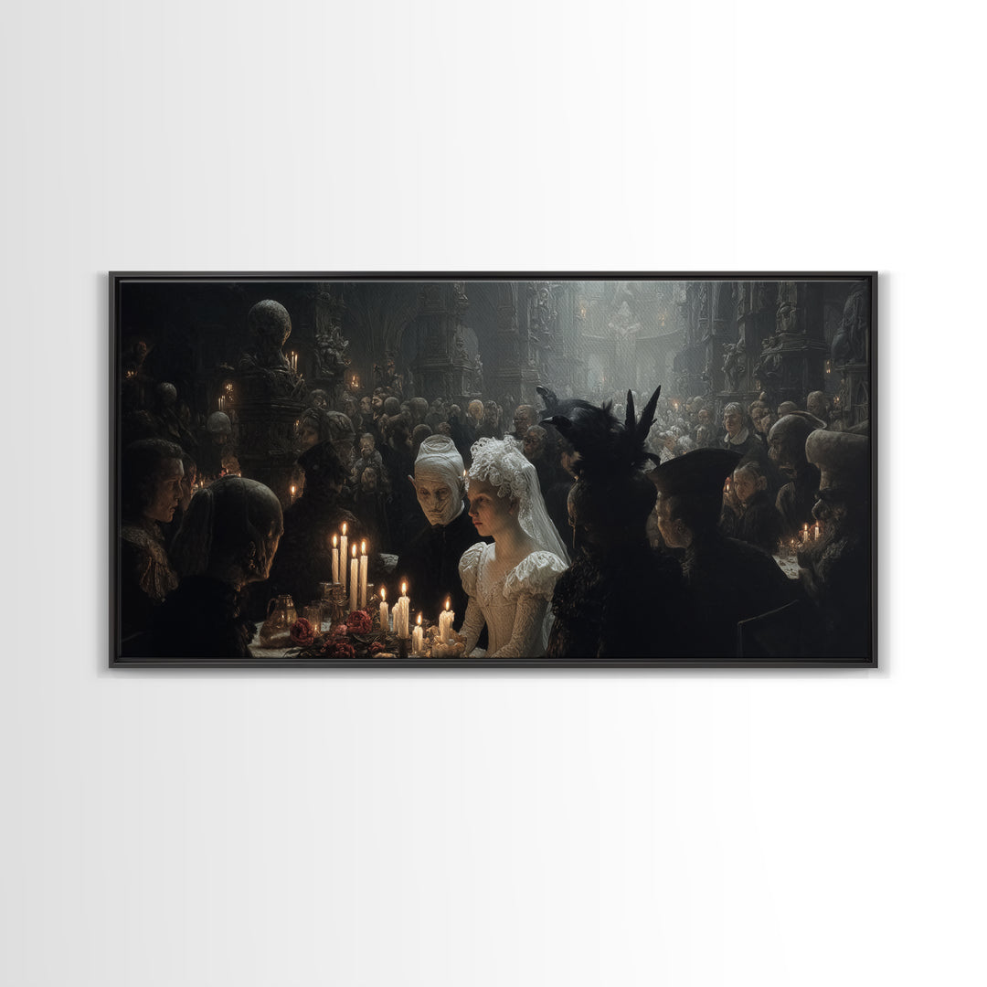 The Ghost Wedding, Medieval Grotesque Art, Wide Panoramic Art, Dark Halloween Decor, Canvas Print, Halloween Wall Art