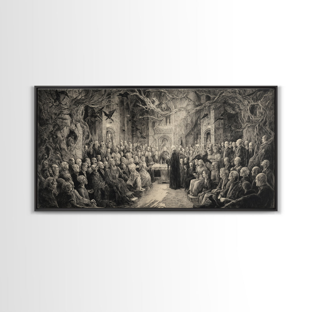 The Ghost Wedding, Expressionist Nightmare Art, Wide Panoramic Art, Dark Fantasy Wall Art, Framed Canvas Print, Halloween Wall Art