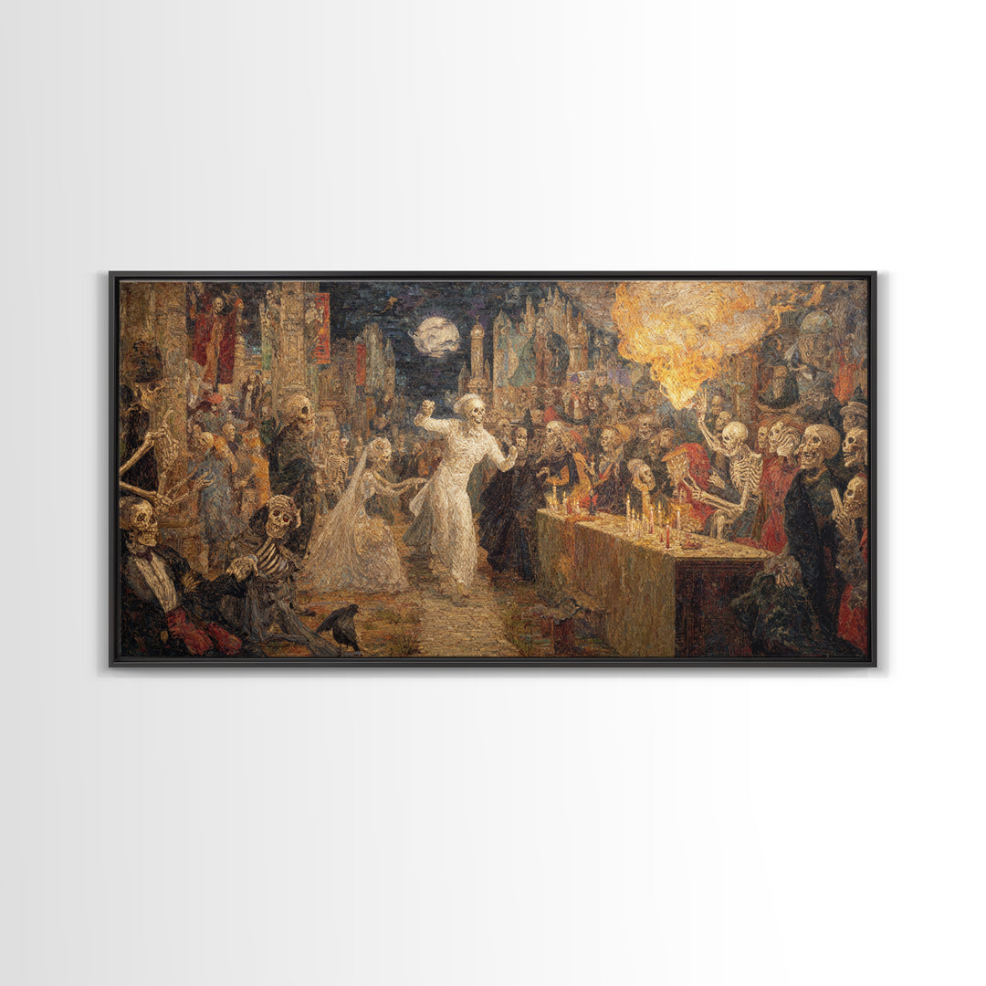 The Ghost Wedding, Grotesque Carnival Art, Wide Panoramic Art, Dark Halloween Decor, Framed Canvas Print, Halloween Wall Art