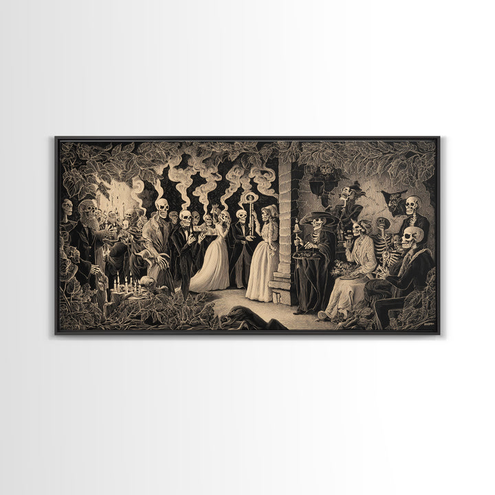 The Ghost Wedding, Macabre Folk Print Art, Wide Panoramic Art, Macabre Wall Art, Framed Canvas Print, Halloween Wall Art