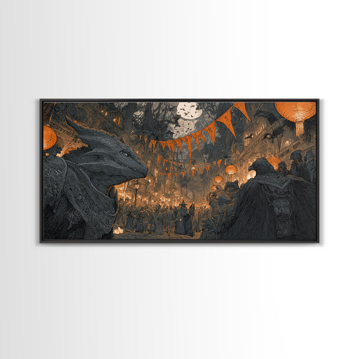 The Monster Parade, Gothic Engraving Art, Wide Panoramic Art, Dark Fantasy Wall Art, Framed Canvas Print, Halloween Wall Art