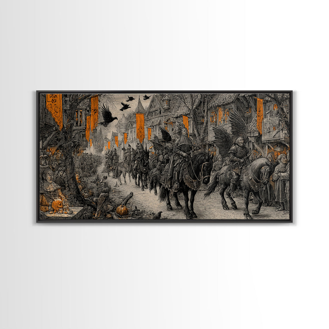 The Monster Parade, Renaissance Engraving Art, Wide Panoramic Art, Dark Fantasy Wall Art, Framed Canvas Print, Halloween Wall Art