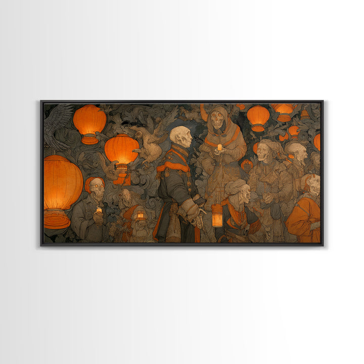 The Monster Parade, Danse Macabre Art, Wide Panoramic Art, Macabre Wall Art, Framed Canvas Print, Halloween Wall Art