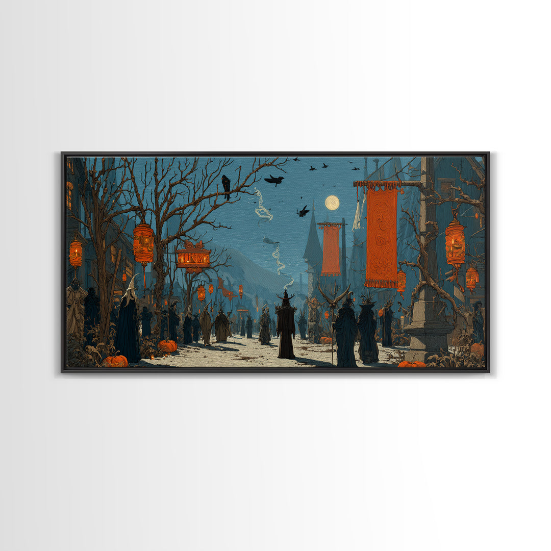 The Monster Parade, Romantic Gothic Landscape, Wide Panoramic Art, Dark Halloween Decor, Canvas Print, Halloween Wall Art