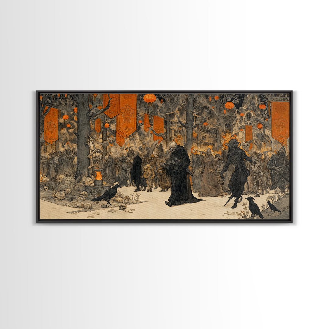 The Monster Parade, Decadent Gothic Art, Wide Panoramic Art, Gothic Horror Wall Art, Framed Canvas Print, Halloween Wall Art