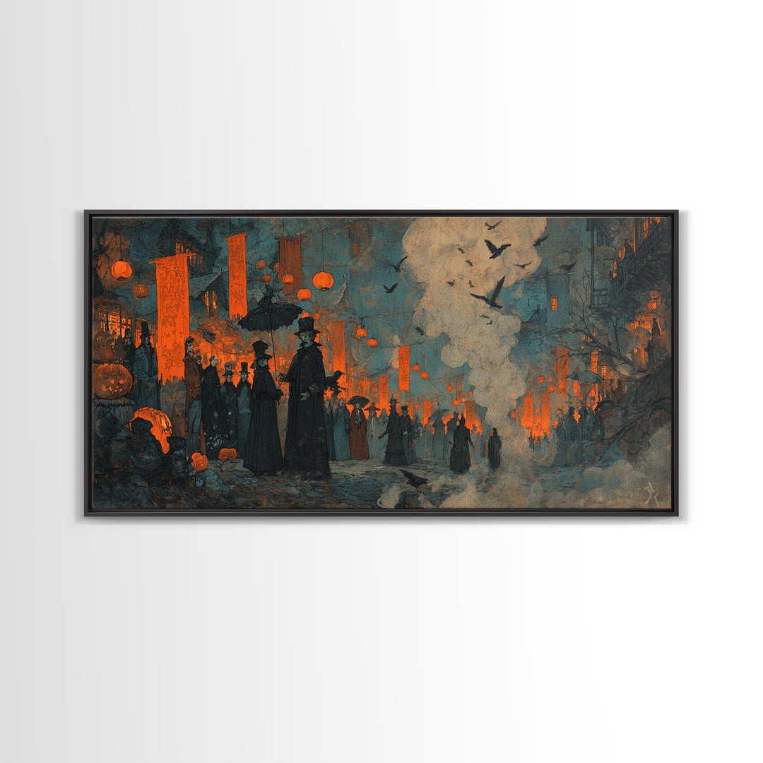 The Monster Parade, Expressionist Gothic Art, Wide Panoramic Art, Dark Halloween Decor, Canvas Print, Halloween Wall Art