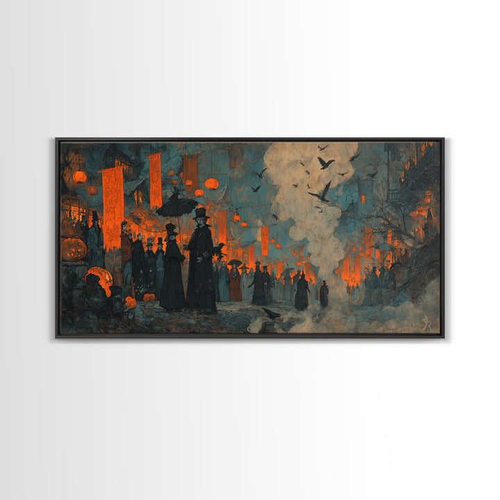 The Monster Parade, Expressionist Gothic Art, Wide Panoramic Art, Dark Halloween Decor, Canvas Print, Halloween Wall Art