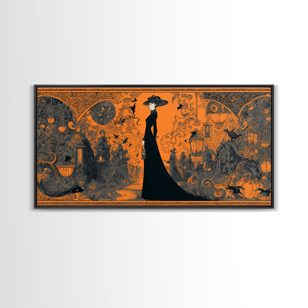 The Monster Parade, Decadent Line Art, Wide Panoramic Art, Gothic Horror Wall Art, Framed Canvas Print, Halloween Wall Art