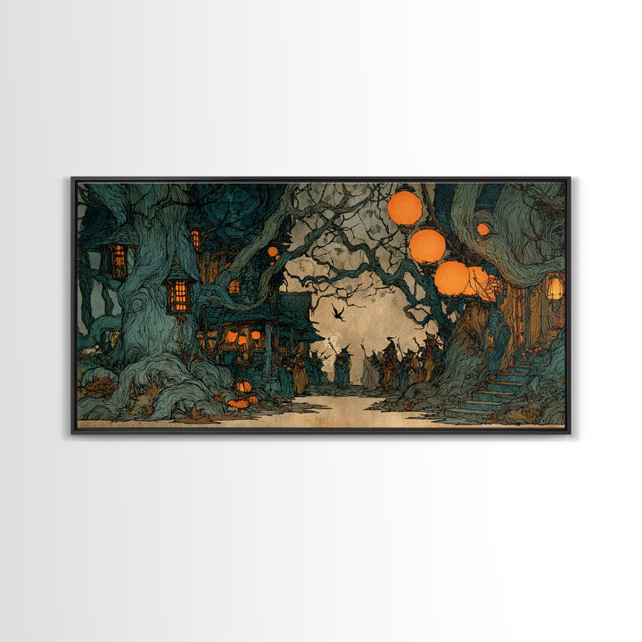 The Monster Parade, Gothic Storybook Art, Wide Panoramic Art, Dark Fantasy Wall Art, Framed Canvas Print, Halloween Wall Art