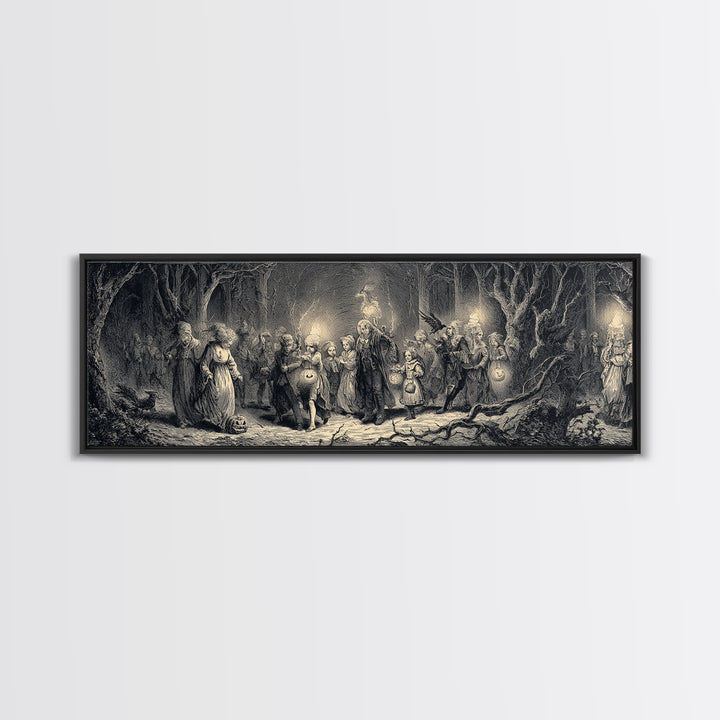 The Trick-Or-Treat Procession, Gothic Engraving Art, Extra Wide Wall Art, Dark Fantasy Wall Art, Framed Canvas Print, Spooky Wall Decor