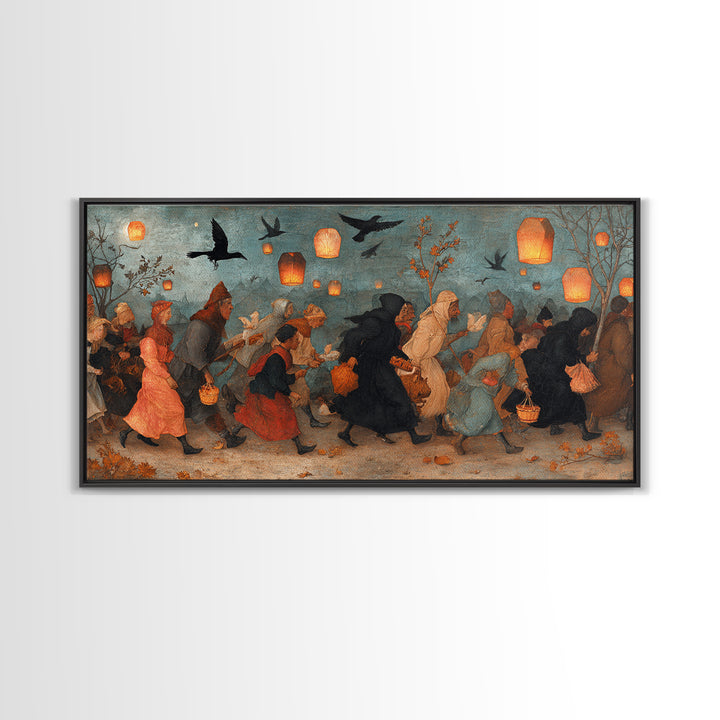 The Trick-Or-Treat Procession, Northern Renaissance Horror, Wide Panoramic Art, Dark Fantasy Wall Art, Canvas Print