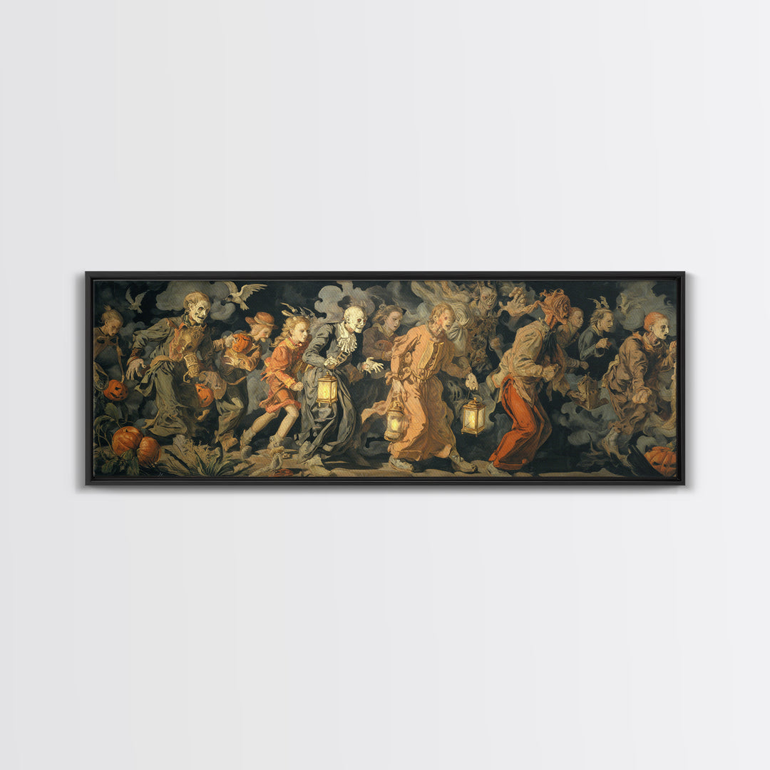 The Trick-Or-Treat Procession, Dark Renaissance Art, Extra Wide Wall Art, Dark Halloween Decor, Framed Canvas Print