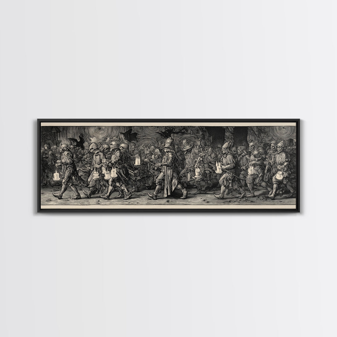 The Trick-Or-Treat Procession, Renaissance Engraving Art, Extra Wide Wall Art, Macabre Wall Art, Canvas Print, Halloween Wall Art