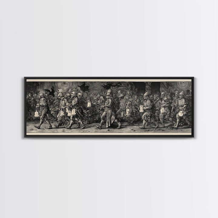 The Trick-Or-Treat Procession, Renaissance Engraving Art, Extra Wide Wall Art, Macabre Wall Art, Canvas Print, Halloween Wall Art