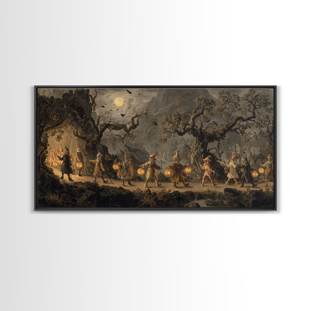The Trick-Or-Treat Procession, Baroque Witchcraft Art, Wide Panoramic Art, Macabre Wall Art, Canvas Print, Halloween Wall Art