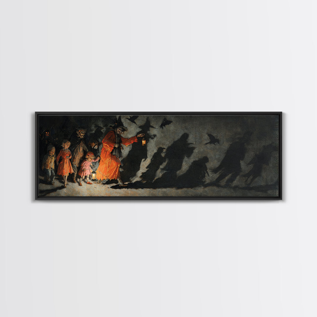 The Trick-Or-Treat Procession, Dark Romantic Horror Art, Extra Wide Wall Art, Gothic Horror Wall Art, Framed Canvas Print