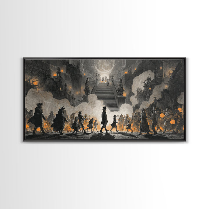 The Trick-Or-Treat Procession, Architectural Etching Art, Wide Panoramic Art, Macabre Wall Art, Framed Canvas Print