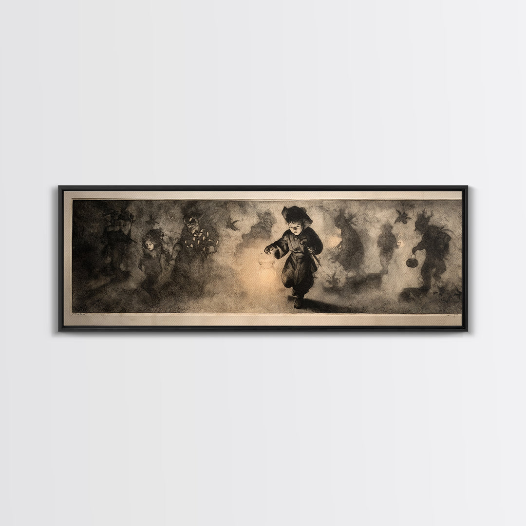 The Trick-Or-Treat Procession, Symbolist Dream Art, Extra Wide Wall Art, Dark Fantasy Wall Art, Canvas Print, Halloween Wall Art