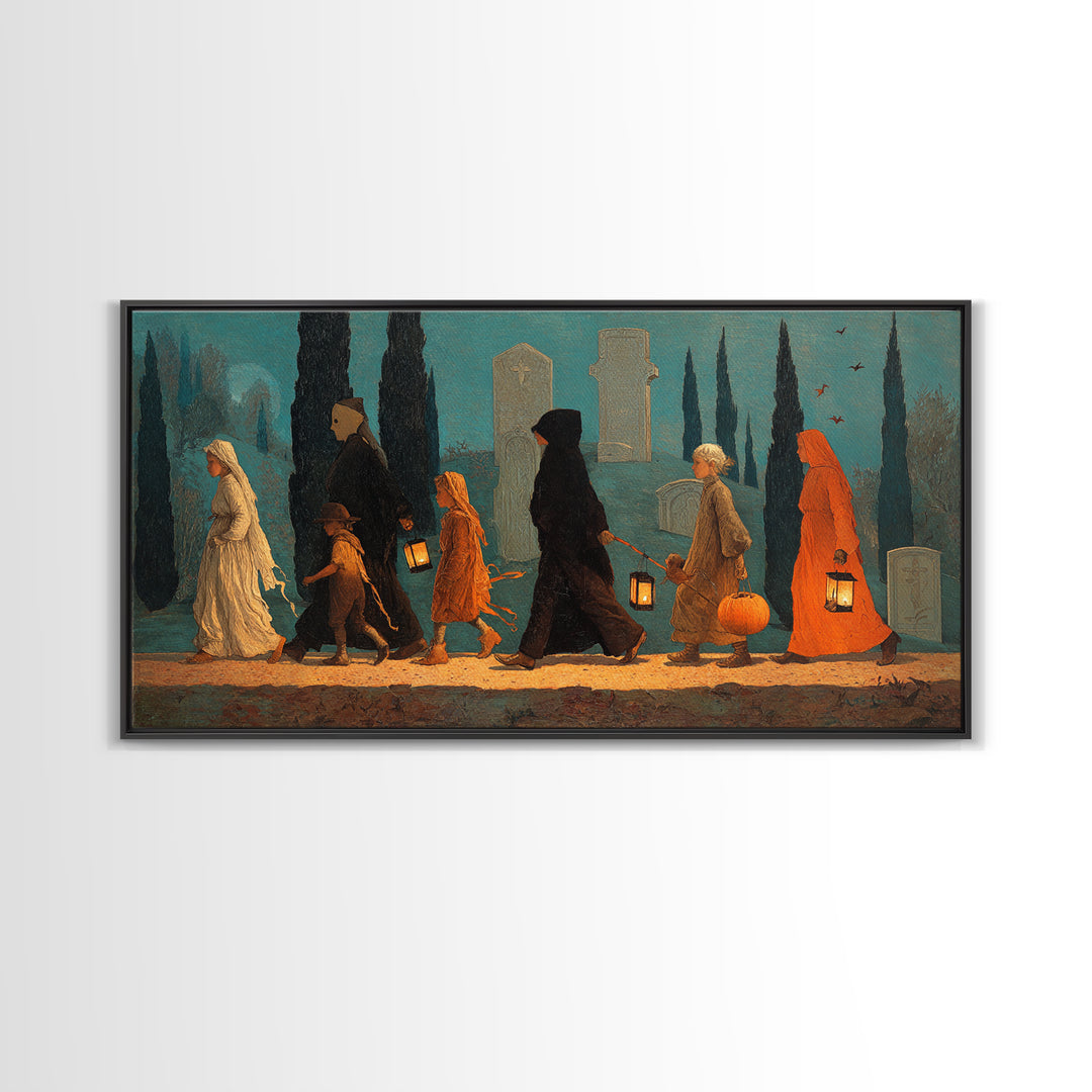 The Trick-Or-Treat Procession, Symbolist Gothic Landscape, Wide Panoramic Art, Gothic Horror Wall Art, Framed Canvas Print