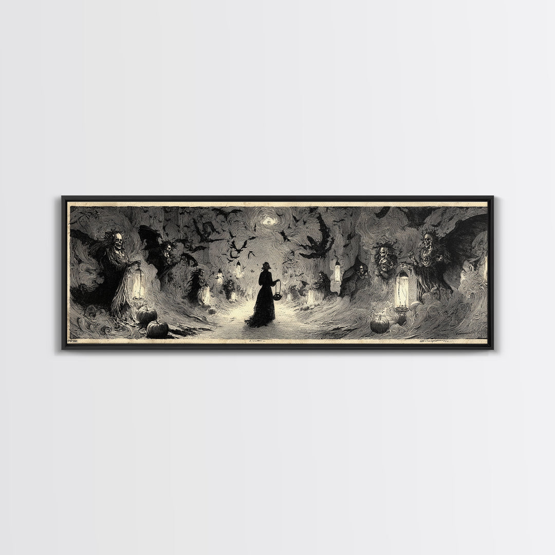 The Trick-Or-Treat Procession, Decadent Gothic Art, Extra Wide Wall Art, Macabre Wall Art, Framed Canvas Print, Halloween Wall Art