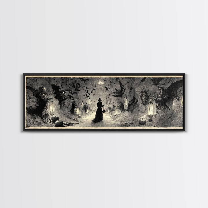 The Trick-Or-Treat Procession, Decadent Gothic Art, Extra Wide Wall Art, Macabre Wall Art, Framed Canvas Print, Halloween Wall Art