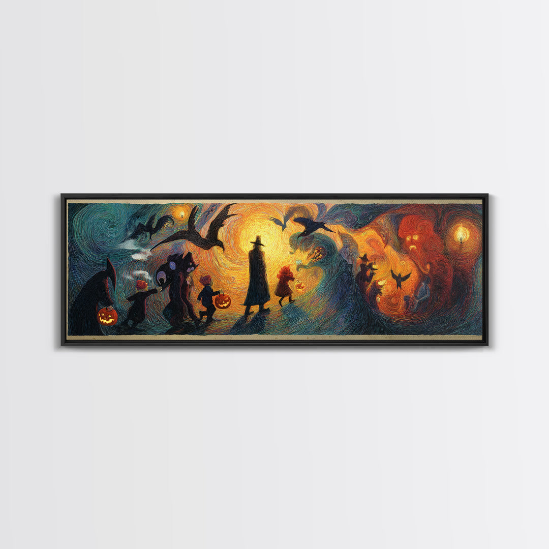The Trick-Or-Treat Procession, Expressionist Gothic Art, Extra Wide Wall Art, Macabre Wall Art, Framed Canvas Print, Halloween Wall Art