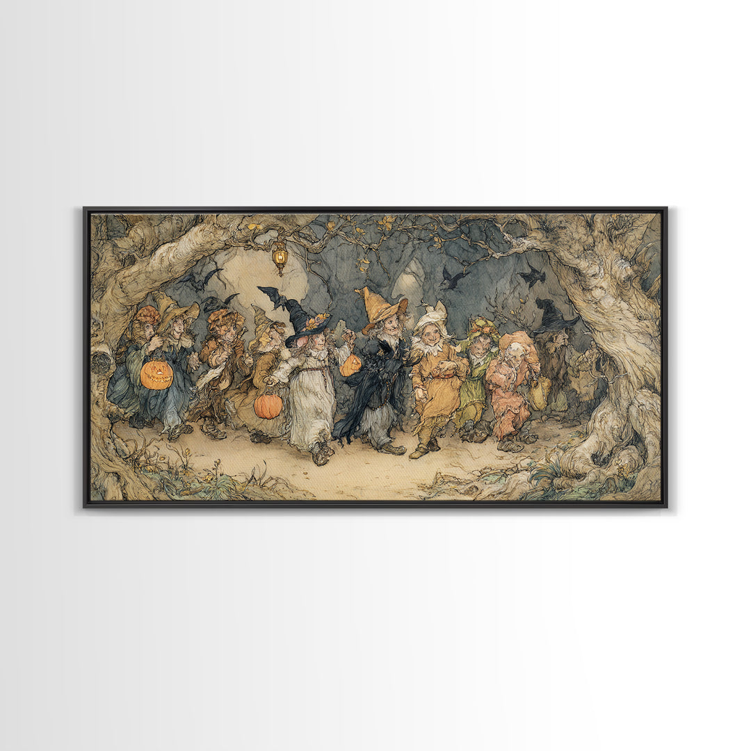 The Trick-Or-Treat Procession, Gothic Storybook Art, Wide Panoramic Art, Macabre Wall Art, Framed Canvas Print, Halloween Wall Art